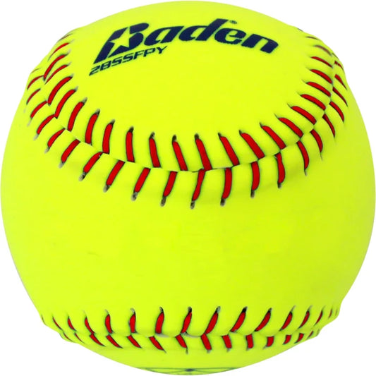 The Baden Practice 12" Composite Fastpitch Softball (2BSSFPY-5002) is a bright optic yellow ball with red stitching and the black Baden logo, ideal for fastpitch softball practice.