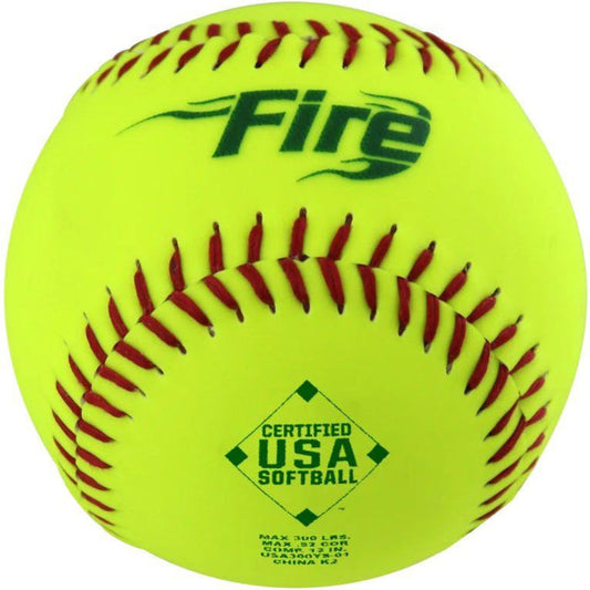 The Baden USA Fire 11" 52/300 Synthetic Slowpitch Softball features a bright yellow cover, red stitching, “Fire” text, a USA Softball certified logo, and a .52 COR marking printed on its surface.