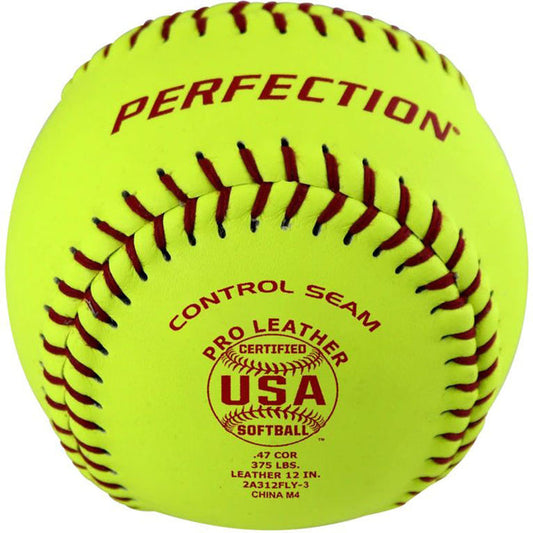 The Baden USA Perfection 11" 47/375 Leather Fastpitch Softball (2A311FLY) features a yellow design, red control seams, and a durable pro leather cover.