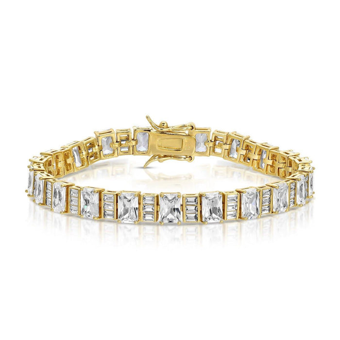 Gold-tone tennis bracelet with square clear crystal rows and hinged clasp