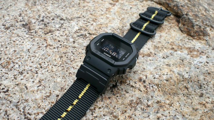gshock dw5600 vario ballistic nylon yellow black stripe maratac strap with casio g shock adapter