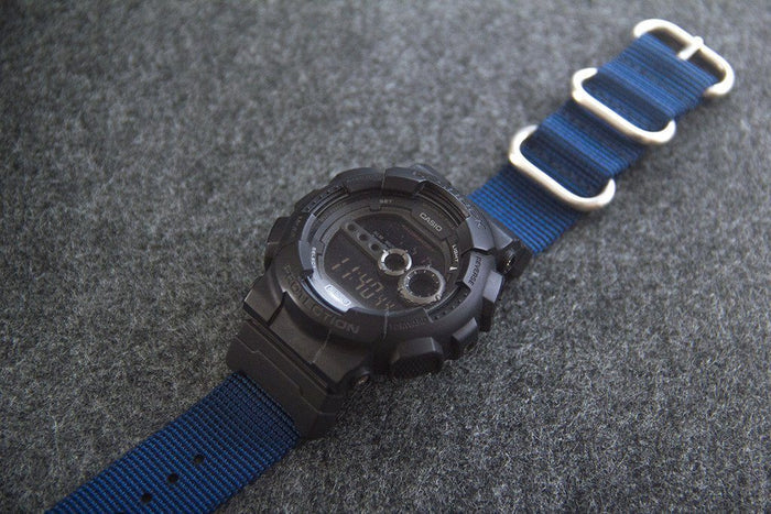 gshock gd100 with casio adapter and vario ballistic nylon watch strap blue