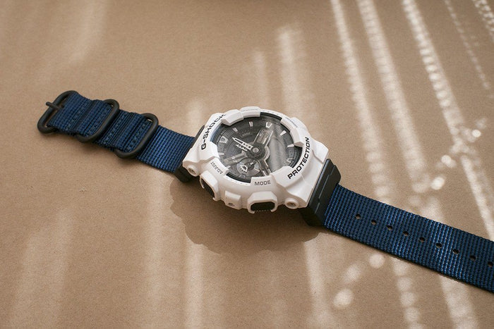 g-shock ga110 with vario ballistic blue watch band and casio adapter