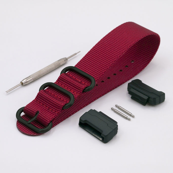 g-shock with casio adapter and vario ballistic nylon replacement watch strap red