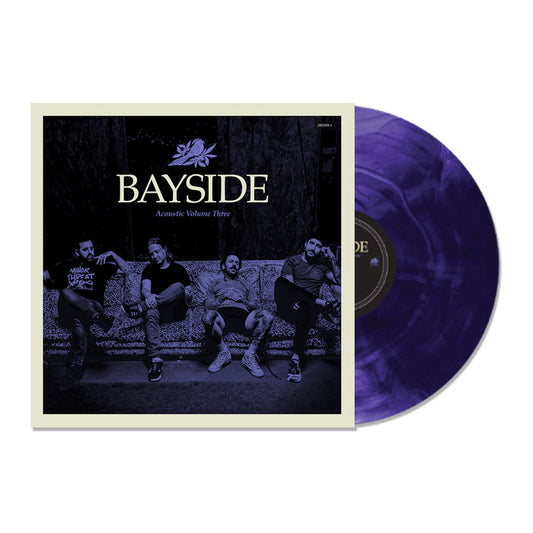 Vinyl album cover for Bayside "Acoustic Volume Three". Cover shows the band sitting on a couch. Bird logo + Bayside above them. Vinyl is Black/Purple Marble.