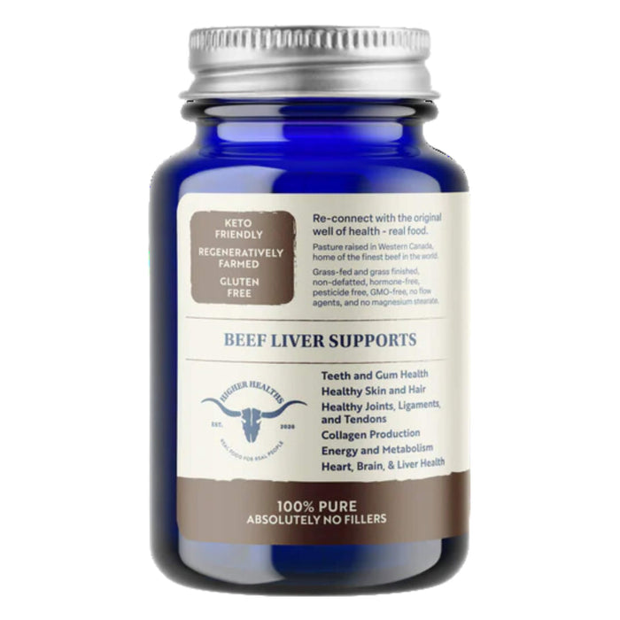 Back of Bottle of Higher Healths Beef Liver - 100% Grass-Fed, Grass-Finished 180Capsules