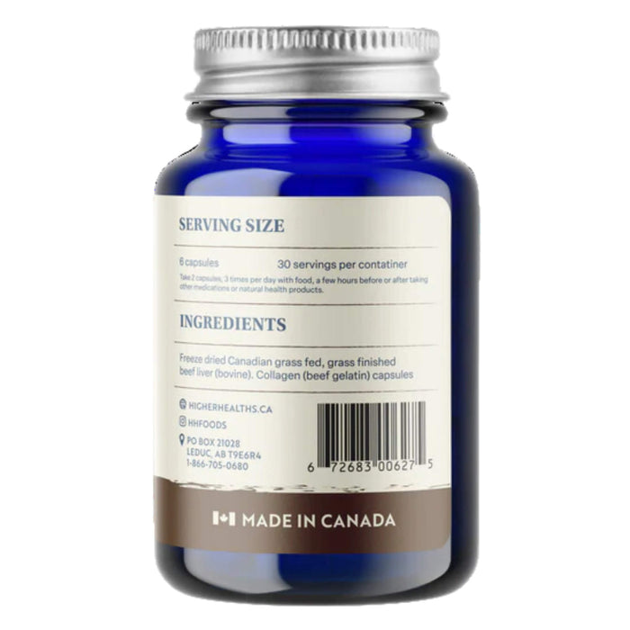 Back of Bottle of Higher Healths Beef Liver - 100% Grass-Fed, Grass-Finished Information