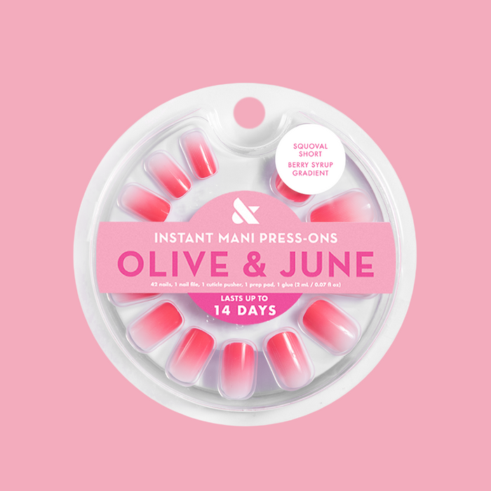 Berry Syrup Gradient - Press-On | Short | Squoval false nails with sheer berry pink gradient for easy at-home manicure