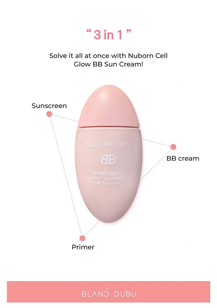 Nuborn Cell BB Sun Cream bottle with features labeled on a white background