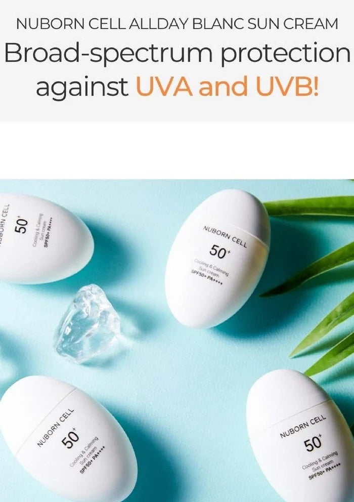 Nuborn Cell AllDay Blanc Sun Cream with broad-spectrum protection against UVA and UVB on a light blue background.