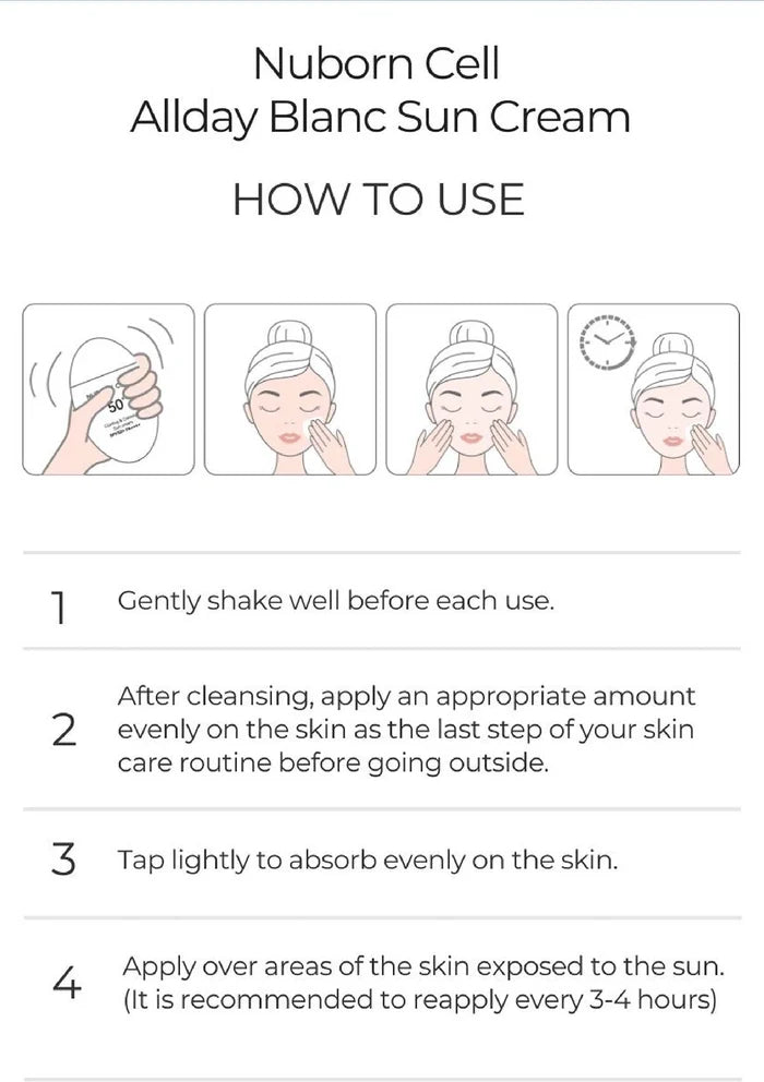 Instructions for using Nuborn Cell Allday Blanc Sun Cream on a white background