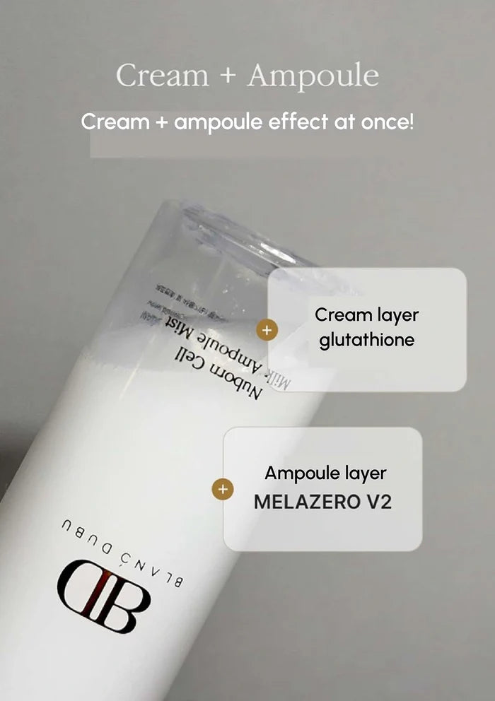 Cosmetic product with text highlighting 'Cream + Ampoule' effect, featuring brand 'DB'.