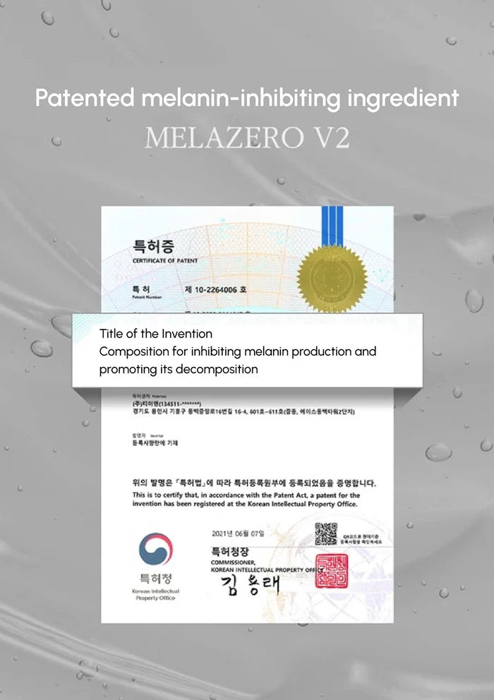 Patented melanin-inhibiting ingredient MELAZERO V2 with a certificate of patent on a gray background
