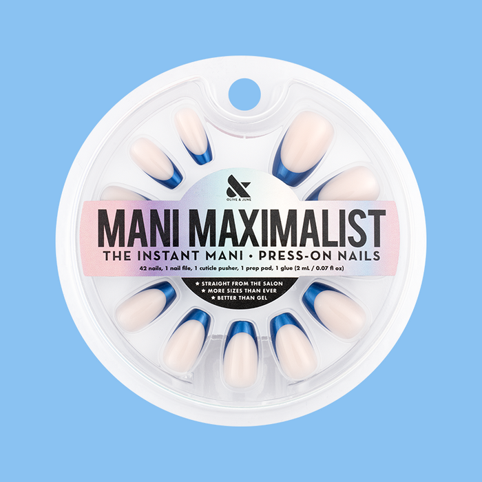 Blue Metallic French - Press-On | Medium | Coffin showing medium coffin false nails with metallic blue french tips in round packaging on blue background