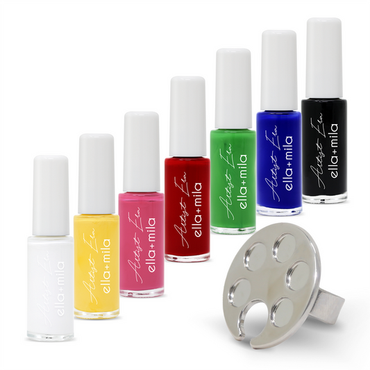 Bold Era nail art liner set: white, yellow, pink, red, green, blue and black liners with a palette ring – ella+mila Artist Era