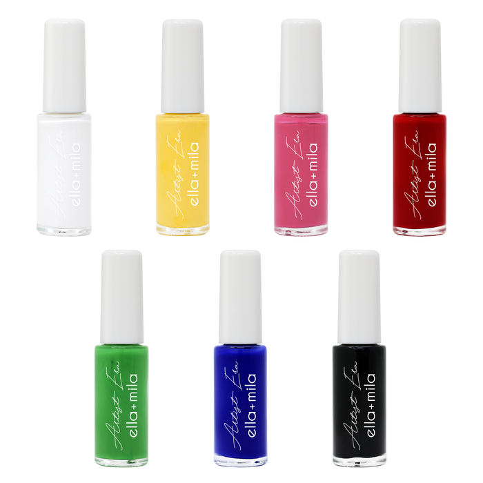 Bold Era 7 nail art liner bottles: white, yellow, pink, red, green, blue and black