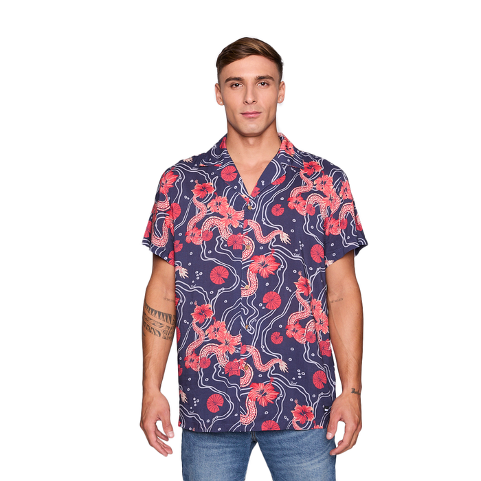 Camisa Reef Men Azul Dragones Rojos y Flores