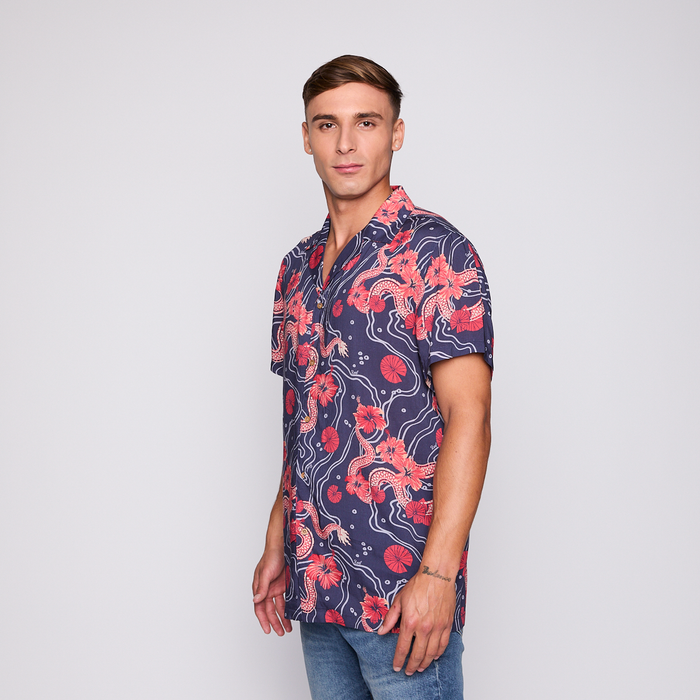 Camisa Reef Men Azul Dragones Rojos y Flores