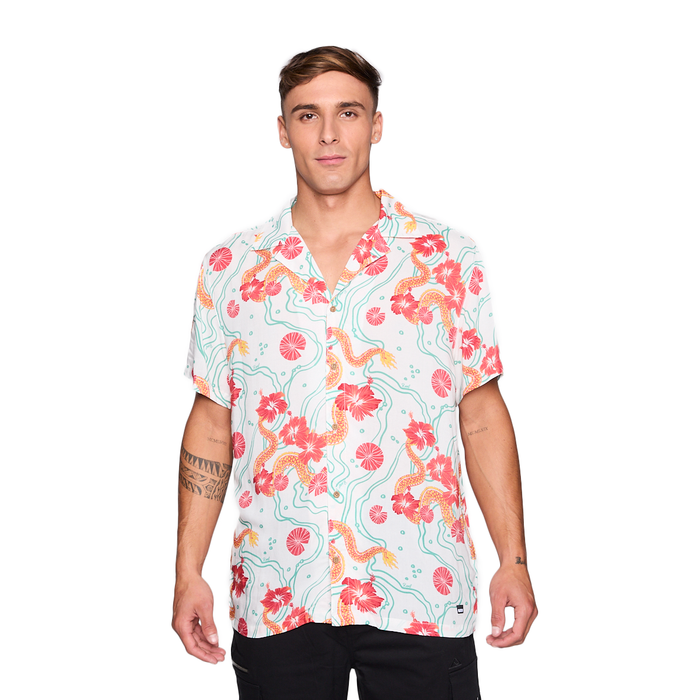 Camisa Reef Men Blanca Dragones Rojos y Flores