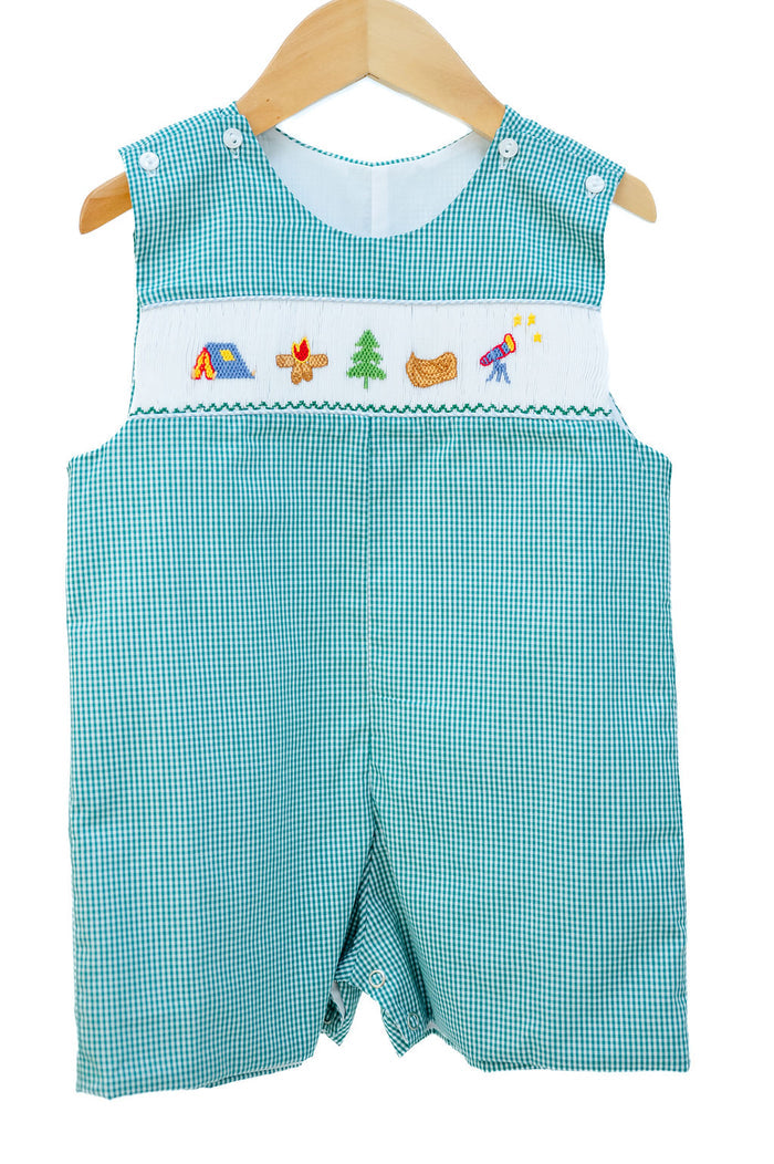 Smocked Camping Jon Jon by Ruth and Ralph, teal gingham with smocked embroidery, on hanger