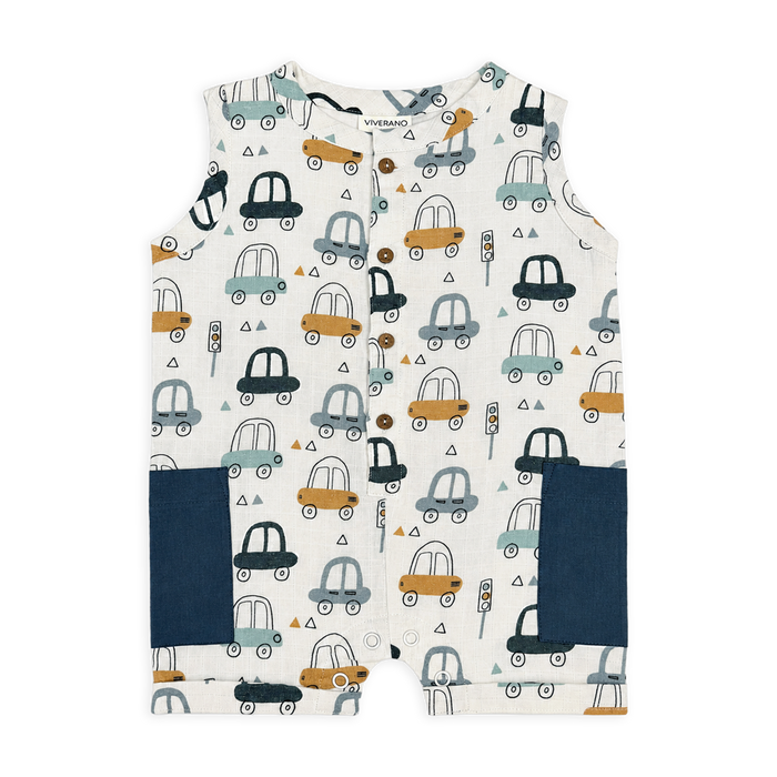 Cars Sleeveless Side Pocket Short Baby Romper (Organic Muslin)