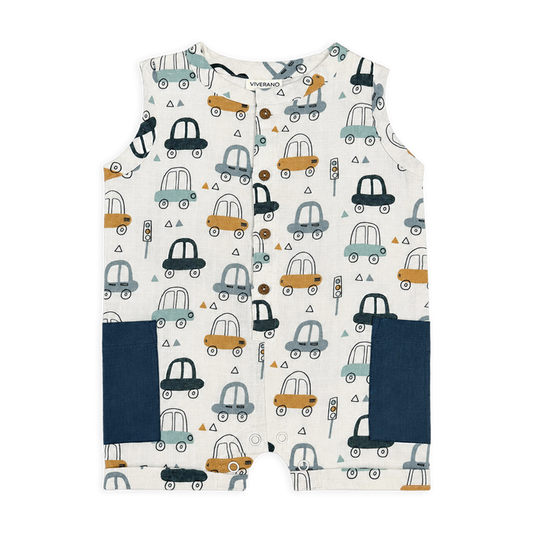 Cars Sleeveless Side Pocket Short Baby Romper (Organic Muslin)