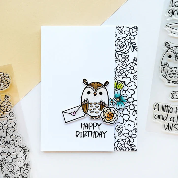 Catherine Pooler - Stamp & Die Set - Floral Fiction. The Floral Fiction Set is full of fun background and decorative elements for birthday, graduation or just because cards Pair these book and flowers with the Owls from the Who's Hoo set. Available at Embellish Away located in Bowmanville Ontario Canada. Example by brand ambassador.