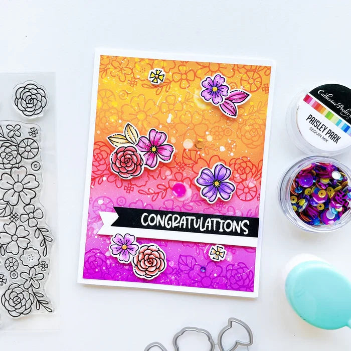 Catherine Pooler - Stamp & Die Set - Floral Fiction. The Floral Fiction Set is full of fun background and decorative elements for birthday, graduation or just because cards Pair these book and flowers with the Owls from the Who's Hoo set. Available at Embellish Away located in Bowmanville Ontario Canada. Example by brand ambassador.