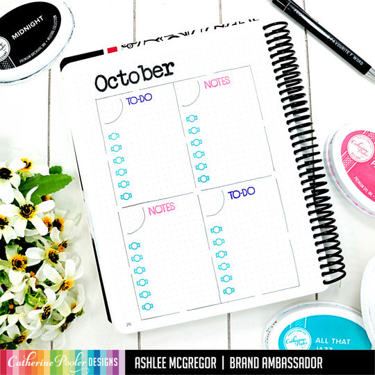 Catherine Pooler - Stencil - Weekly Nine. The Weekly Nine Stencil is a handy grid to cover both weekly layouts as well as other list pages you may need to put together. Available at Embellish Away located in Bowmanville Ontario Canada. Example by Ashlee McGregor