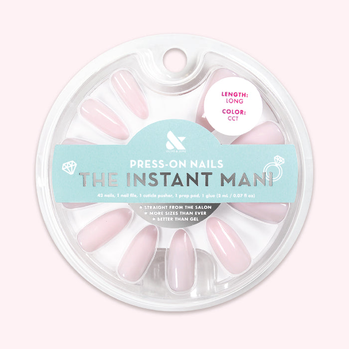 CCT Bridal Edition - Press-On | Long | Almond showing soft sheer pink long almond shaped false nails in round packaging
