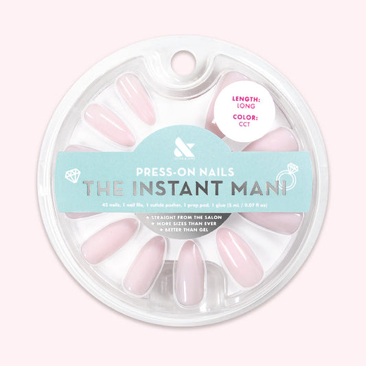 CCT Bridal Edition - Press-On | Long | Almond showing soft sheer pink long almond shaped false nails in round packaging