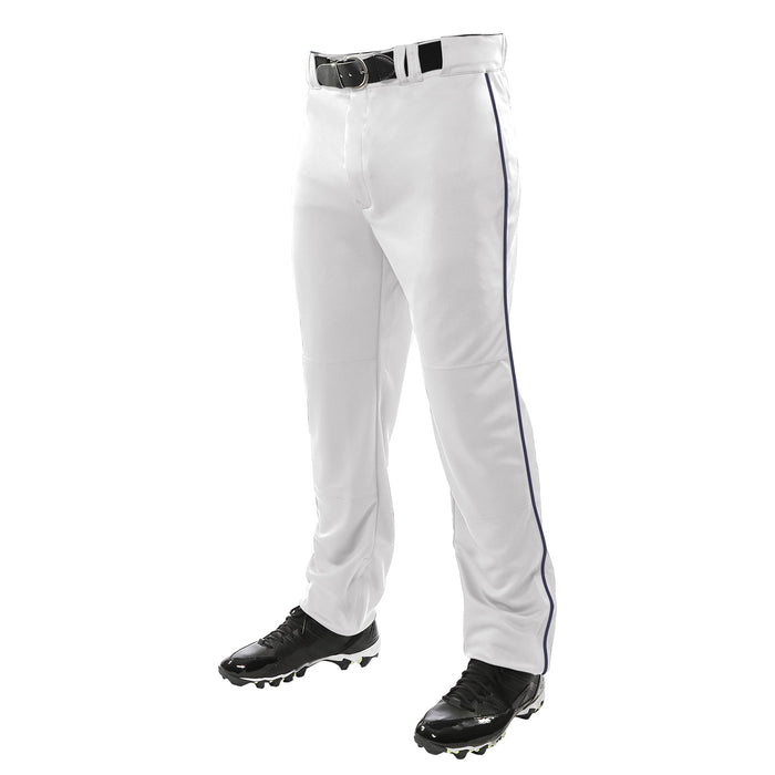 A person wears Champro Sports Triple Crown Open Bottom Baseball Pants with blue piping (BP91UA), paired with a black belt and black cleats; shown from the waist down.