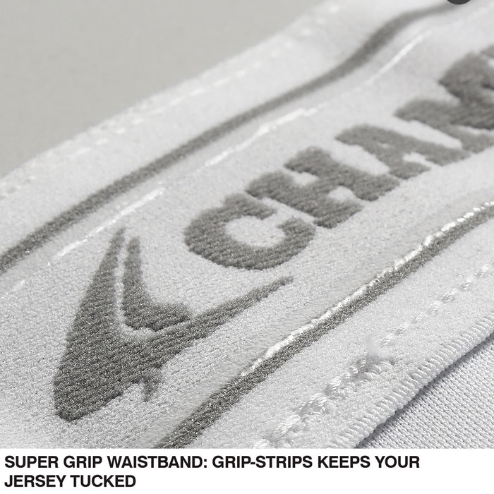 Close-up of a white waistband with textured gray strip and part of the Champro Sports logo. The pro-weight fabric SUPER GRIP WAISTBAND with grip-strips keeps your Champro Youth Triple Crown Knicker Baseball Pants: BP10Y tucked.
