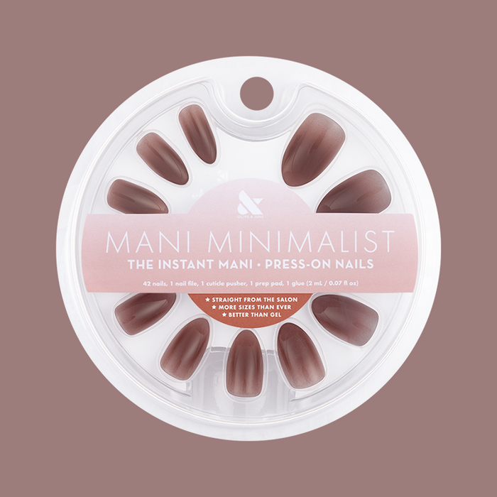 Chocolate Syrup Gradient - Press-On | Medium | Almond showing medium almond press-on nails in cool-toned chocolate brown gradient in packaging