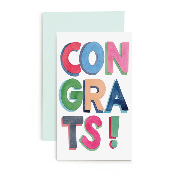 Congrats enclosure card with colorful CONGRATS! lettering and light blue envelope