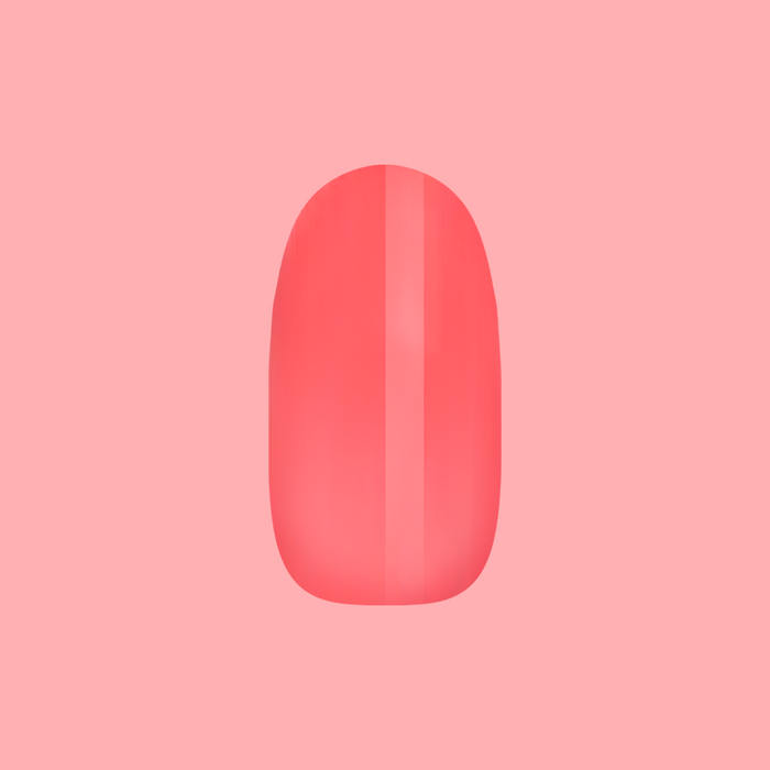 Coral Jelly - Press-On | Medium | Oval showing a medium oval semi-sheer coral jelly finish press-on nail on pink background