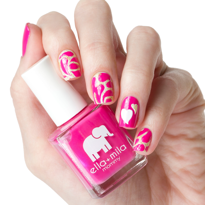 Cosmo Pink hot pink nail polish with white swirl accent nail art