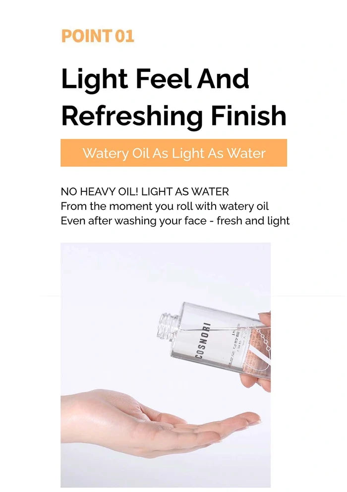 Product packaging with text highlighting light feel and refreshing finish, showing a hand holding the product.