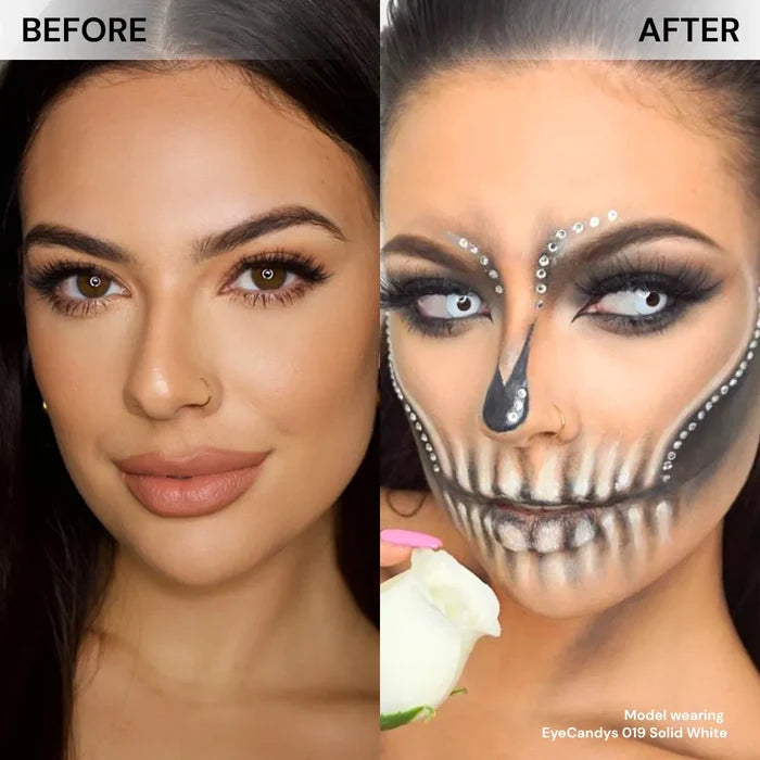 Before and after of model’s face wearing EyeCandys 019 Solid White prescription colored contact lenses, dramatic white cosplay contacts for costume, Halloween, and special effects