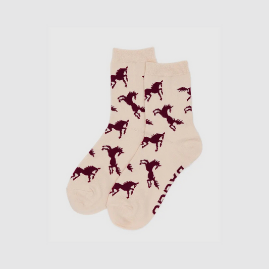 Crew socks in cream with dark maroon horse silhouette pattern, two-pack