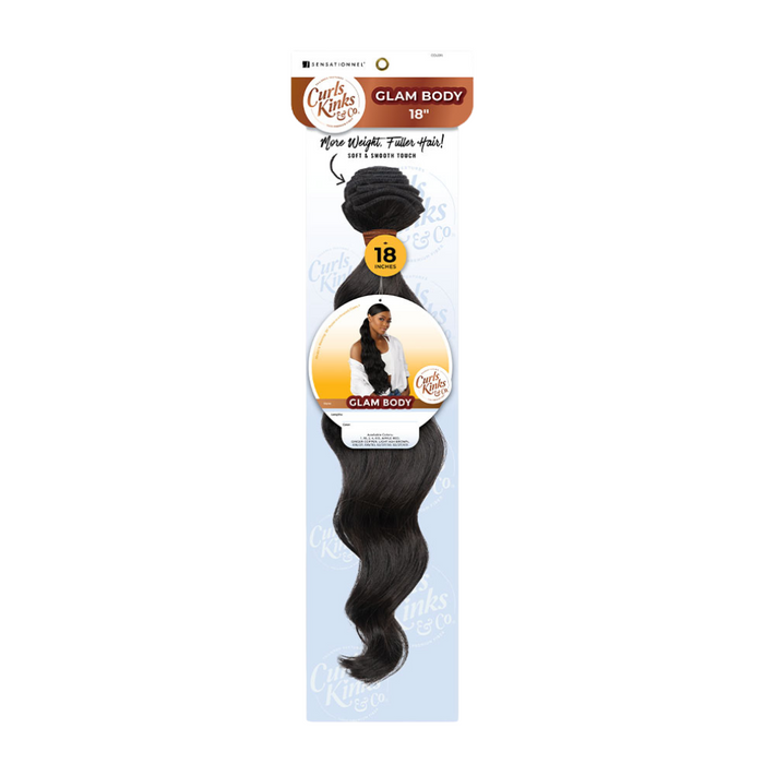 SENSATIONNEL pack for 18 inch kinky curly wig showing dark brown textured long waves and model image