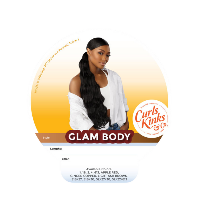 SENSATIONNEL 18 inch kinky curly wig shown as long dark glam body waves on model with side sweep