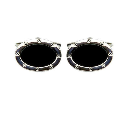 Dalaco stone cufflinks with black oval center and porthole design cufflinks silver frame