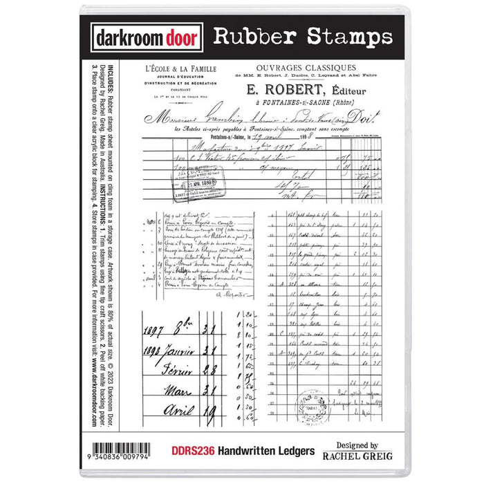Darkroom Door - Rubber Stamp Set - Handwritten Ledgers. Darkroom Door Rubber Stamp Sets are mounted on cling foam and supplied in a DVD size storage case with a labelled spine for easy identification. Available at Embellish Away located in Bowmanville Ontario Canada.