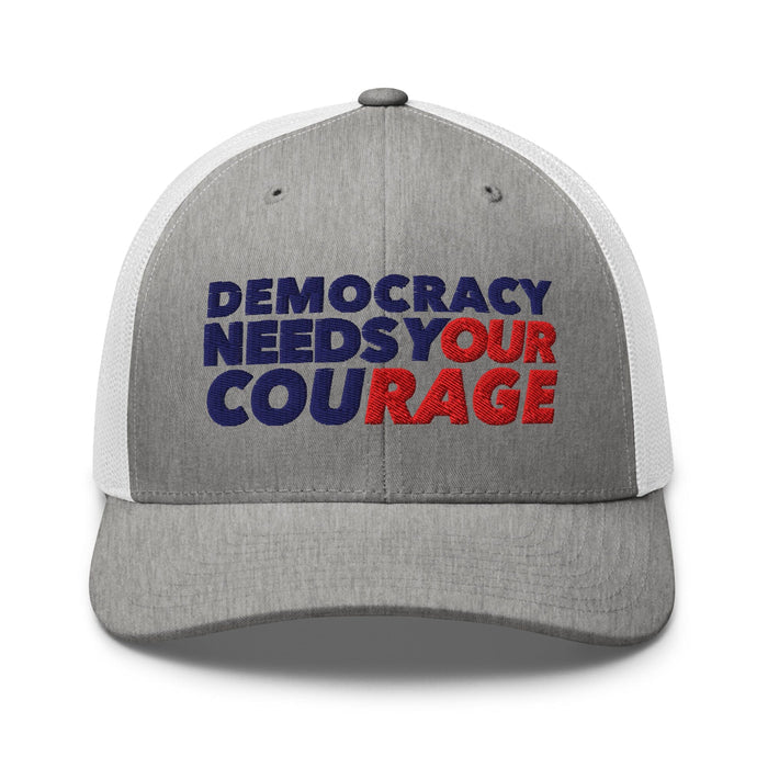 Heather Grey / White cap with 'Democracy Needs Your Courage' text in blue and red on a white background