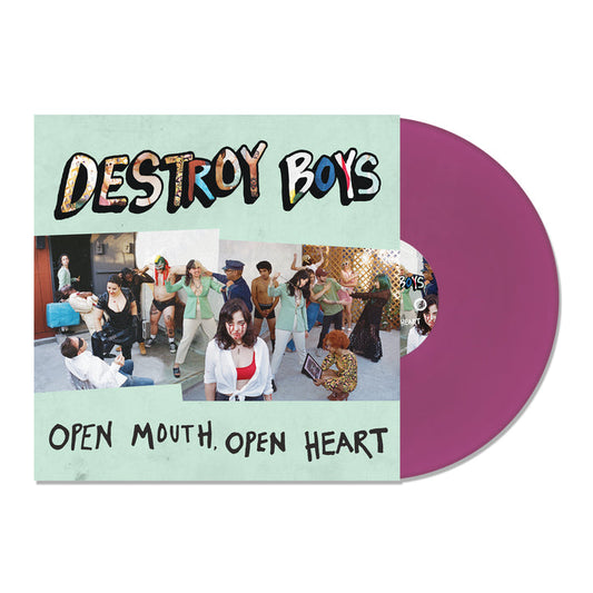 Vinyl album cover for Destroy Boys "Open Mouth, Open Heart" on a white background. Vinyl is purple. Collages of images in between text of Destroy Boys & Open Mouth, Open Heart.