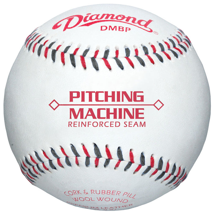 The Diamond Machine Batting Practice Baseballs: DMBP by Diamond feature white full-grain leather, red stitching, and printed logos—designed for pitching machines with a reinforced seam and a cork & rubber core.