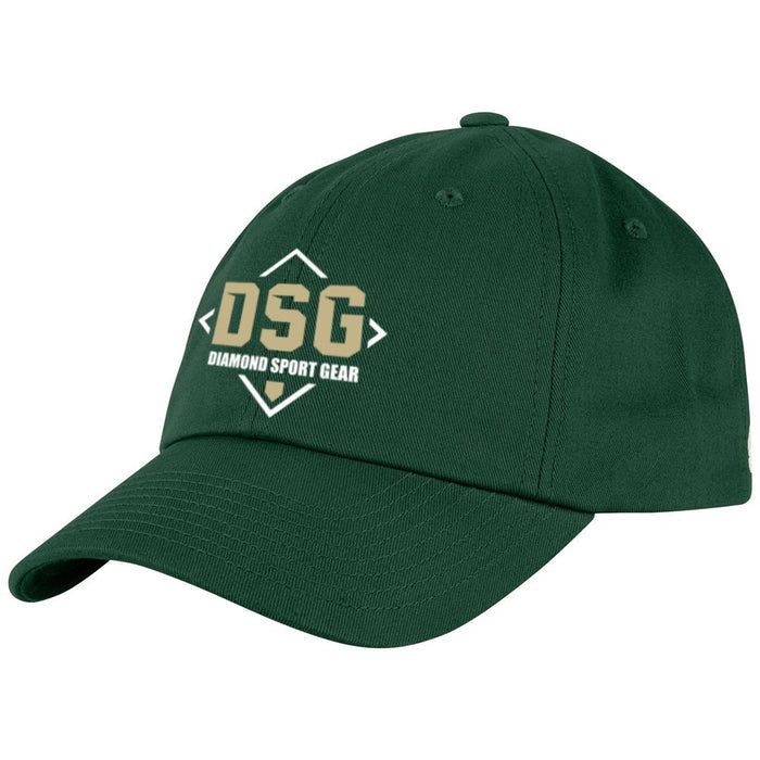 The Champro Sports Diamond Sport Gear DSG Classic Hat (HC9-DSG) is a dark green cap with 3D beige and white "DSG" embroidery and "Diamond Sport Gear" framed in a diamond outline on the front panel.