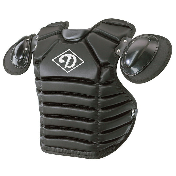 The Diamond Umpire Lite Chest Protector: DCP-U LITE by Diamond features ventilated foam chest padding with a central white logo and black rounded shoulder pads secured by metal rivets for sports safety.