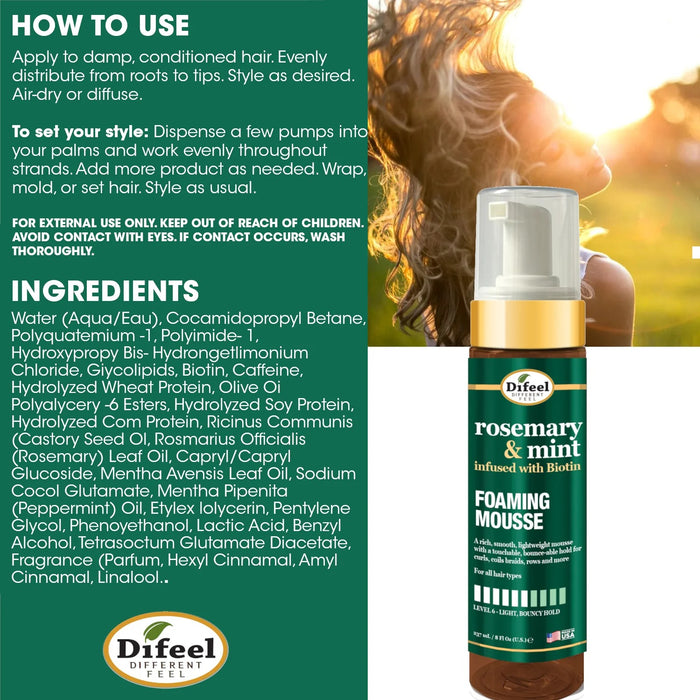 Difeel rosemary mint hair mousse foaming pump bottle with biotin beside usage instructions and model with wavy hair